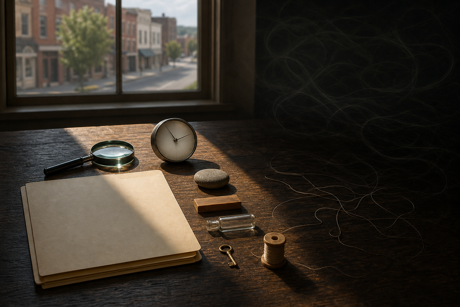 A magnifying glass, blank folder, clock, and separated objects sit in a beam of light while loose threads fade into shadow.