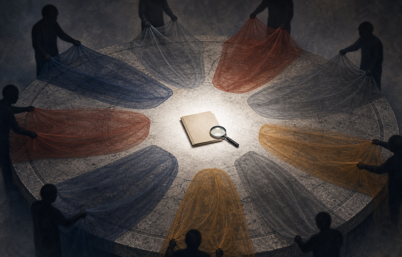 Anonymous shadows draw translucent colored veils toward a blank case file and magnifying glass illuminated at the center of a stone table.
