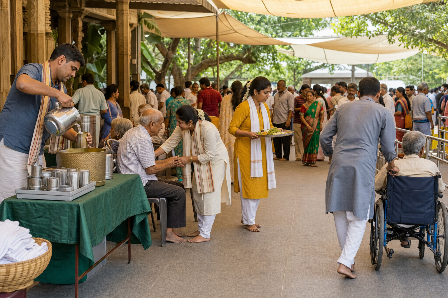 Volunteers provide water, seating, meals, and an accessible path for visitors in a busy temple courtyard.