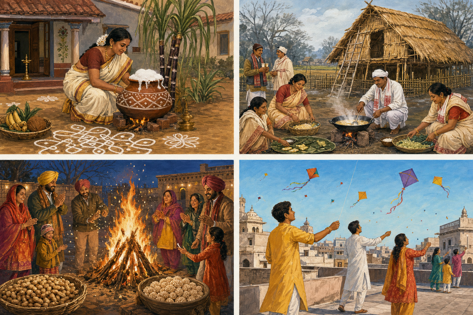 Four separate scenes show a Tamil Pongal pot, an Assamese Magh Bihu gathering, a Punjabi Lohri bonfire, and Gujarati rooftop kite-flying.