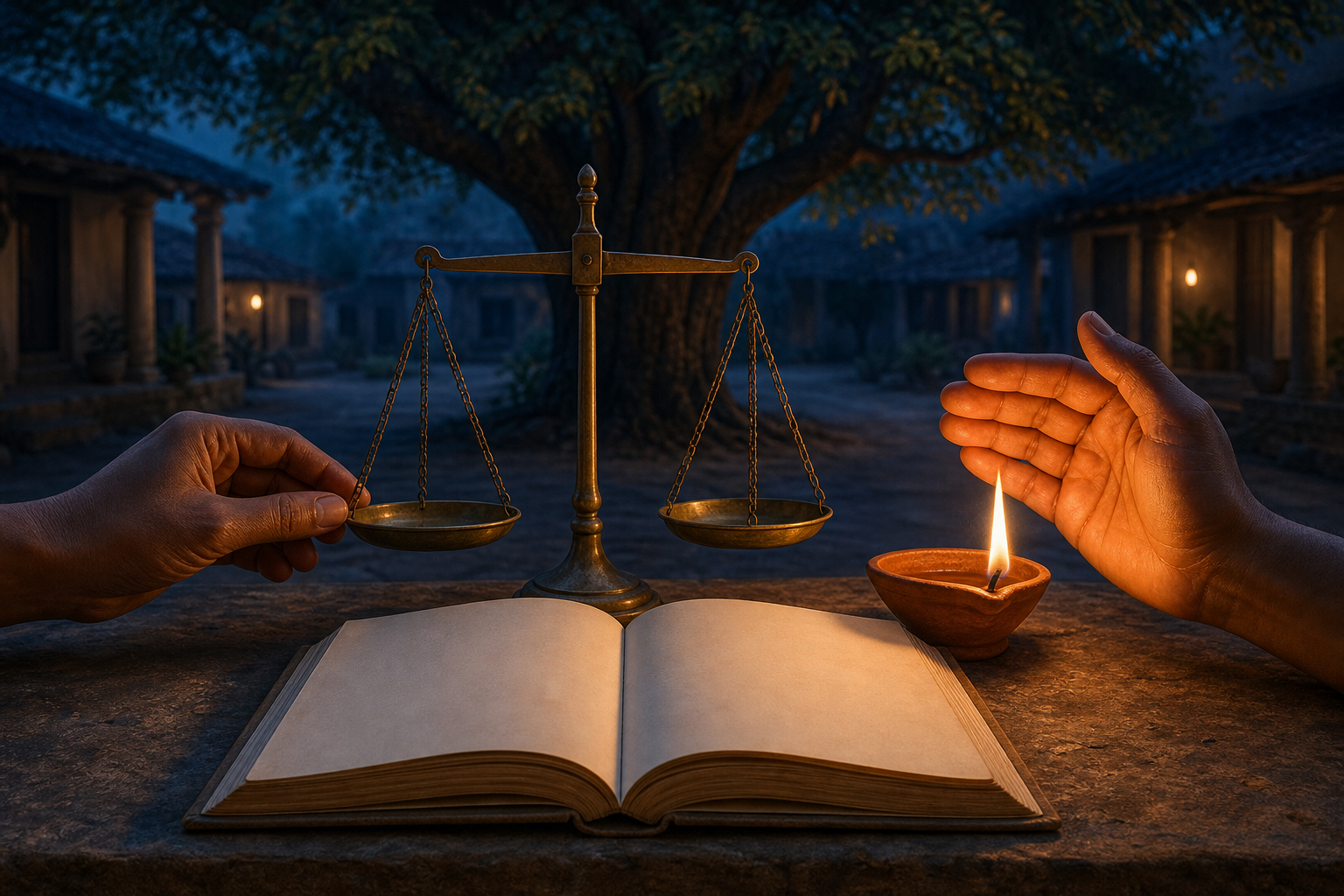 Two anonymous hands steady a balanced brass scale and protect a glowing clay lamp beside an open blank book.