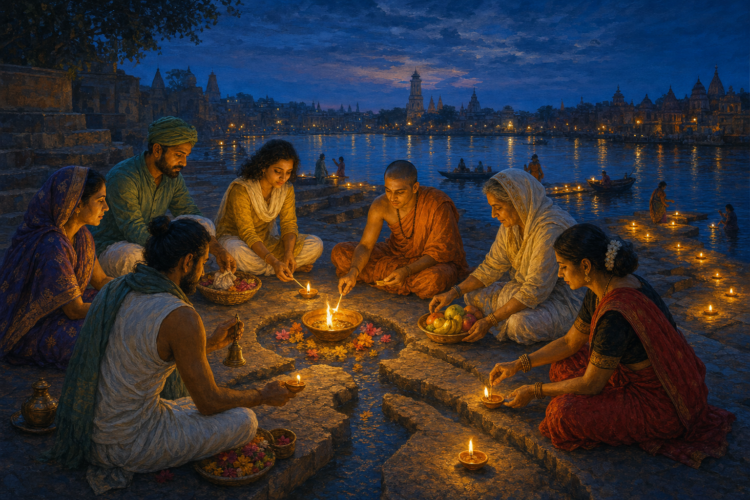 People with different offerings light separate clay lamps from one flame beside a river at twilight.