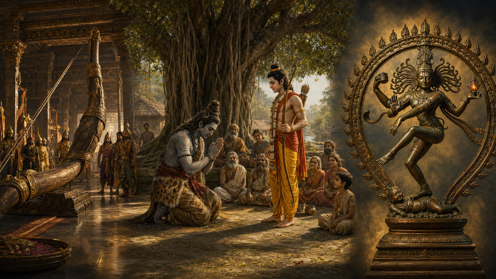 Triptych showing Shiva's great bow in a royal hall, Shiva bowing before young Rama beneath a banyan tree, and a bronze Nataraja dancing within a ring of flames.