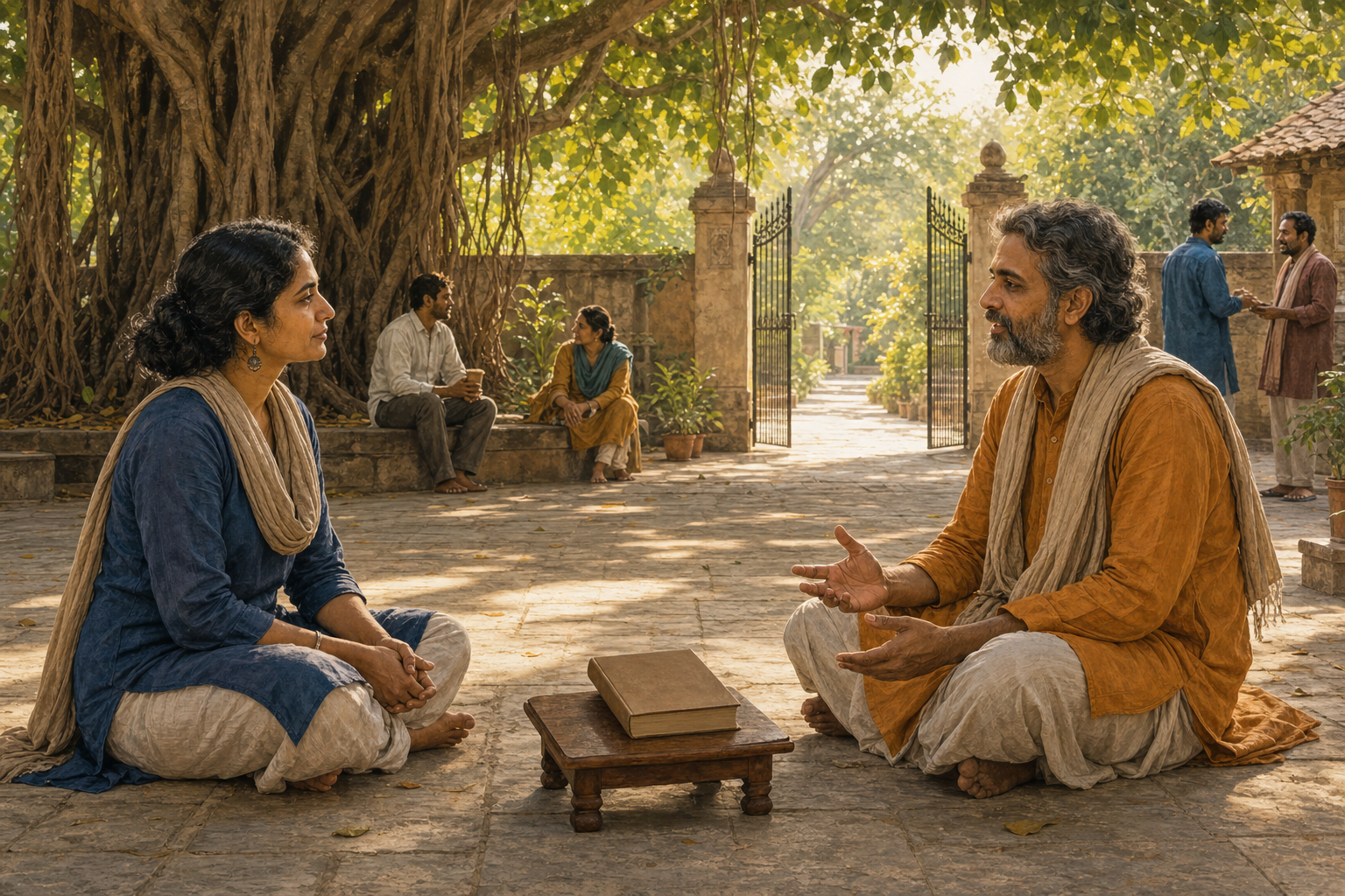 A seeker and spiritual mentor sit at equal height beneath a banyan tree beside an unmarked book, with an open garden gate and sunlit path behind them.