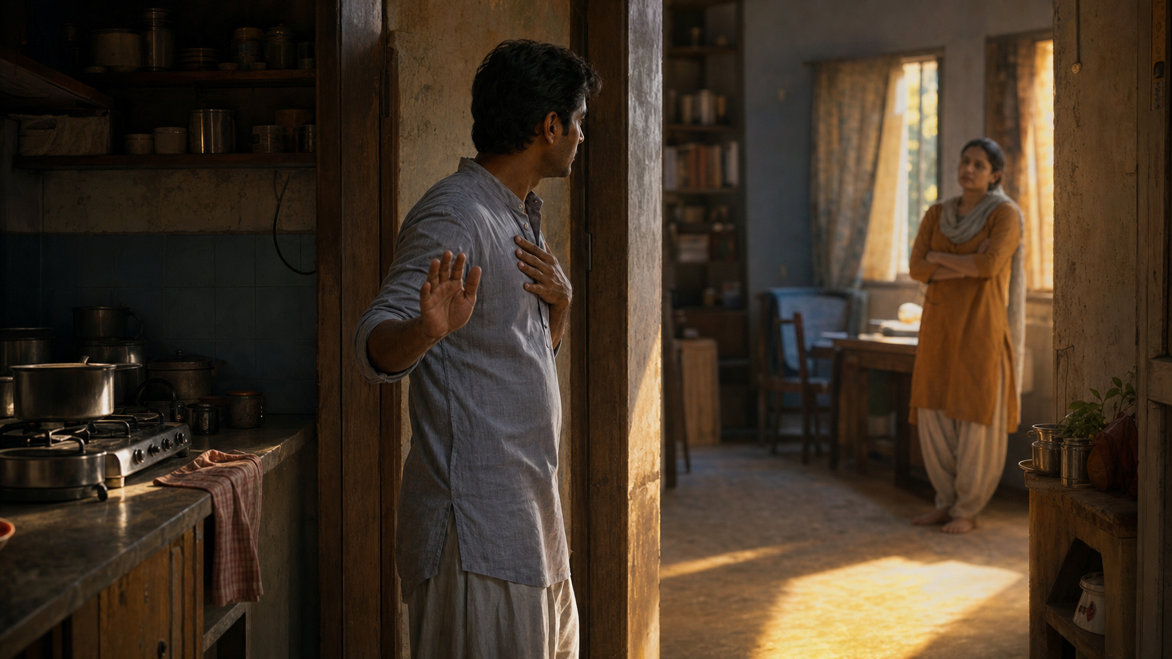 An adult pauses in a sunlit kitchen doorway during a tense interaction with a family member.