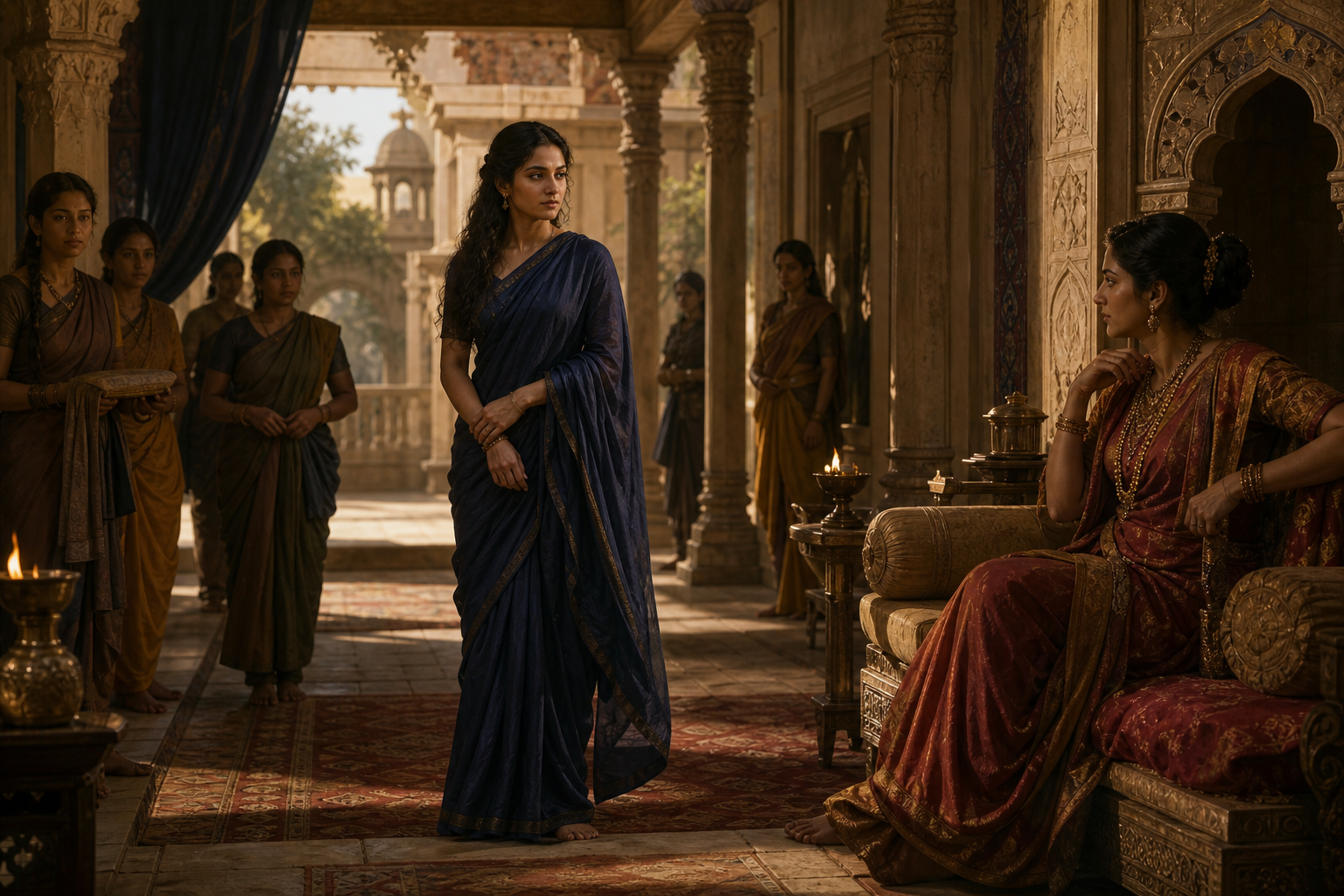 Draupadi, dressed simply as Sairandhri, stands before Queen Sudeshna and her attendants in an ancient palace chamber.