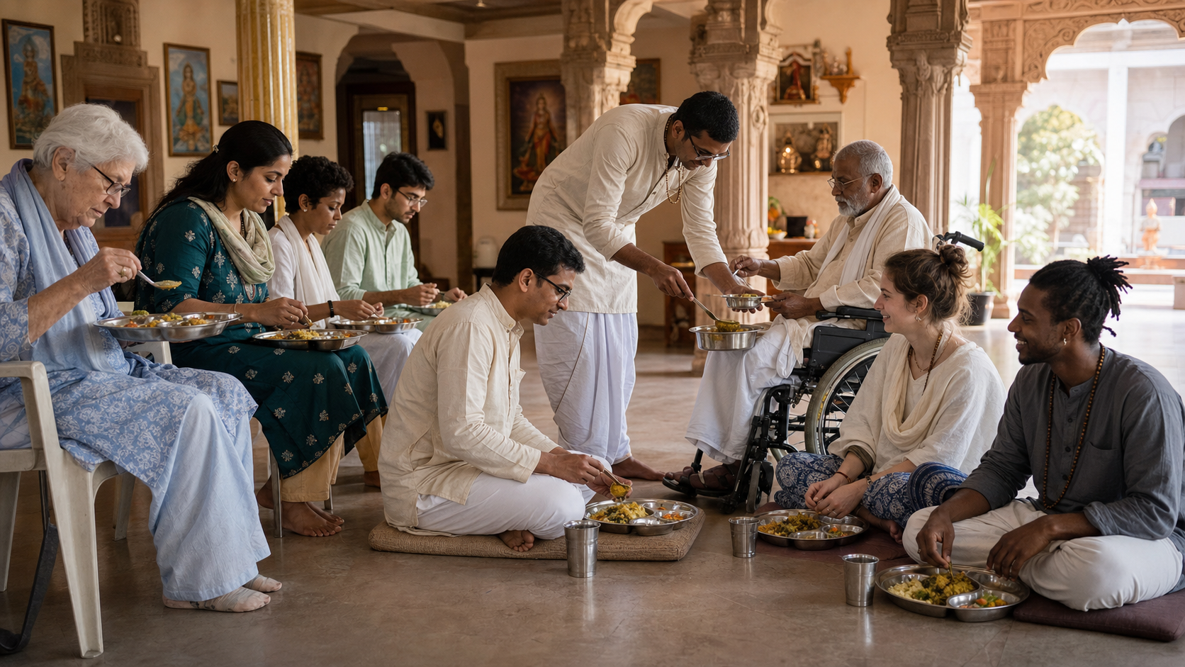 A volunteer serves a vegetarian meal to a diverse group of guests seated in a temple community hall.