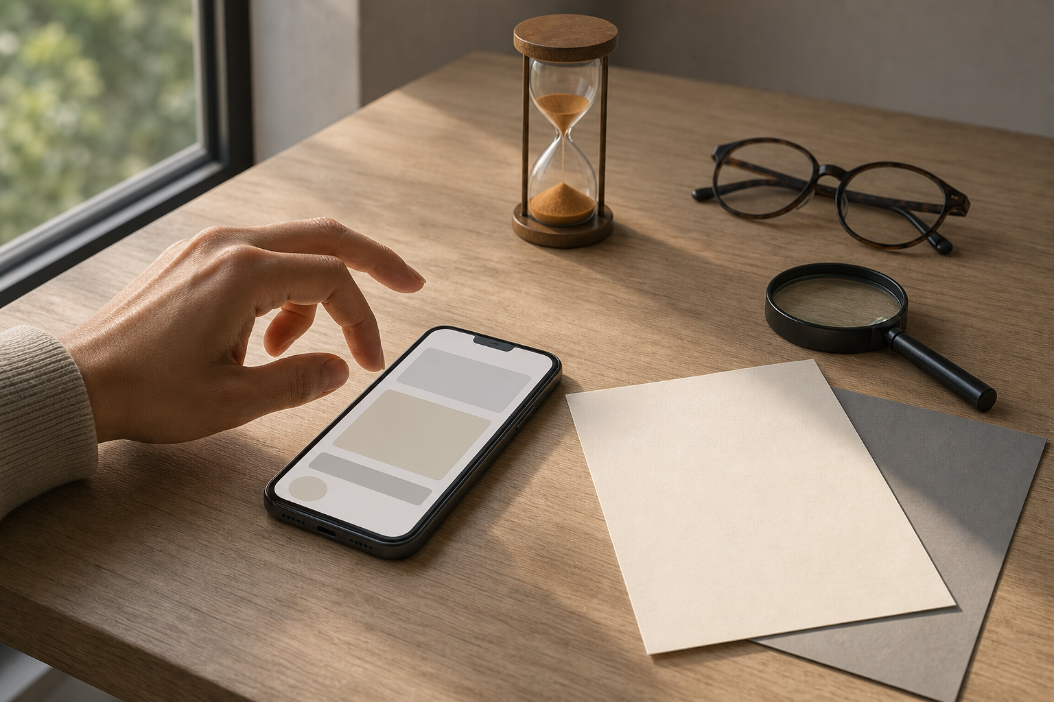 A hand pauses above a smartphone beside blank documents, a magnifying glass, reading glasses, and an hourglass.