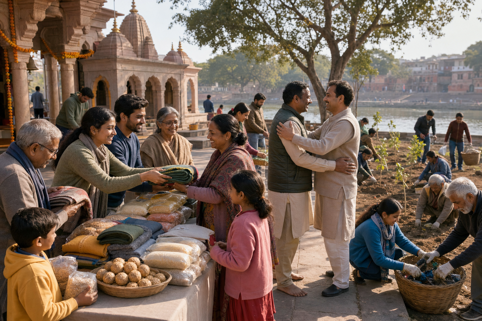 Community members distribute food and blankets, two relatives greet each other, and volunteers care for saplings beside a riverbank.