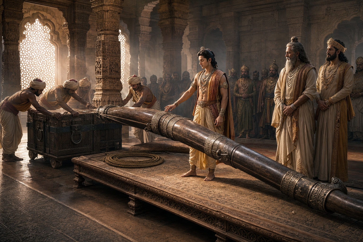 Rama stands calmly before an enormous ceremonial bow in a pillared royal hall as King Janaka, a teacher, attendants, and assembled rulers look on.