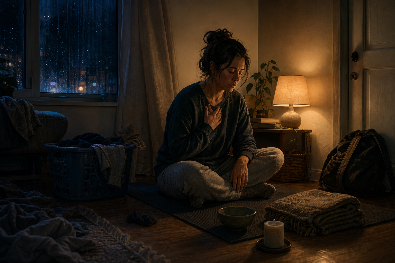 A tired adult sits quietly for a short evening practice beside unfinished chores in a dim apartment.