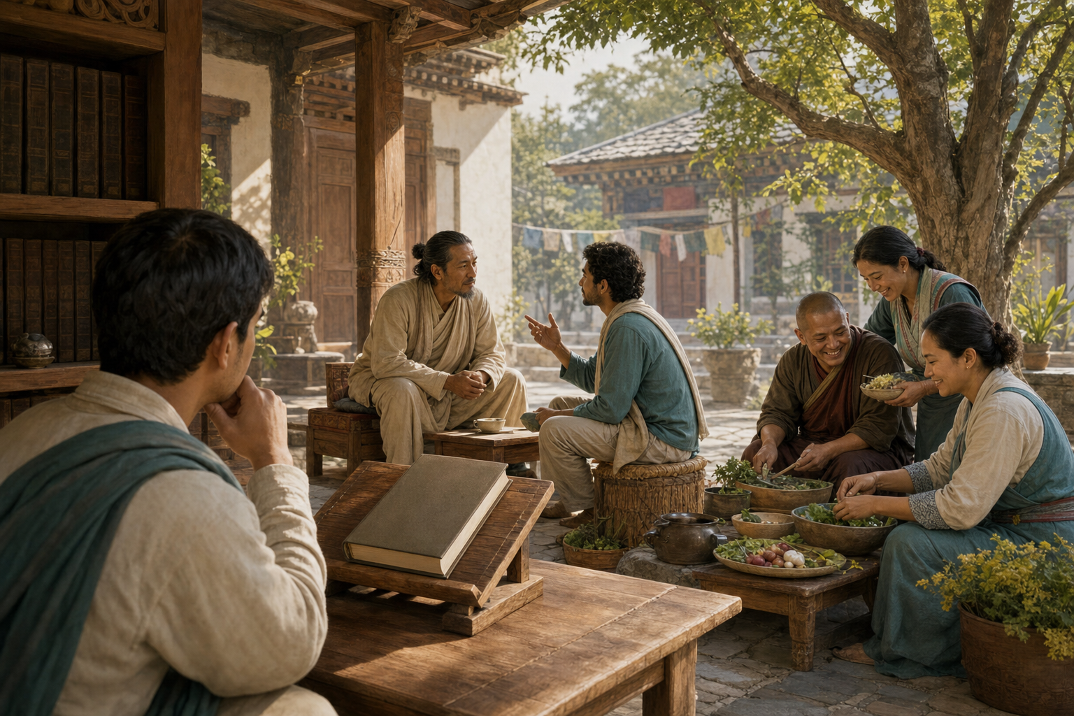 A seeker observes an unmarked sacred book, a teacher listening to a question, and community members preparing a meal together in a monastery courtyard.