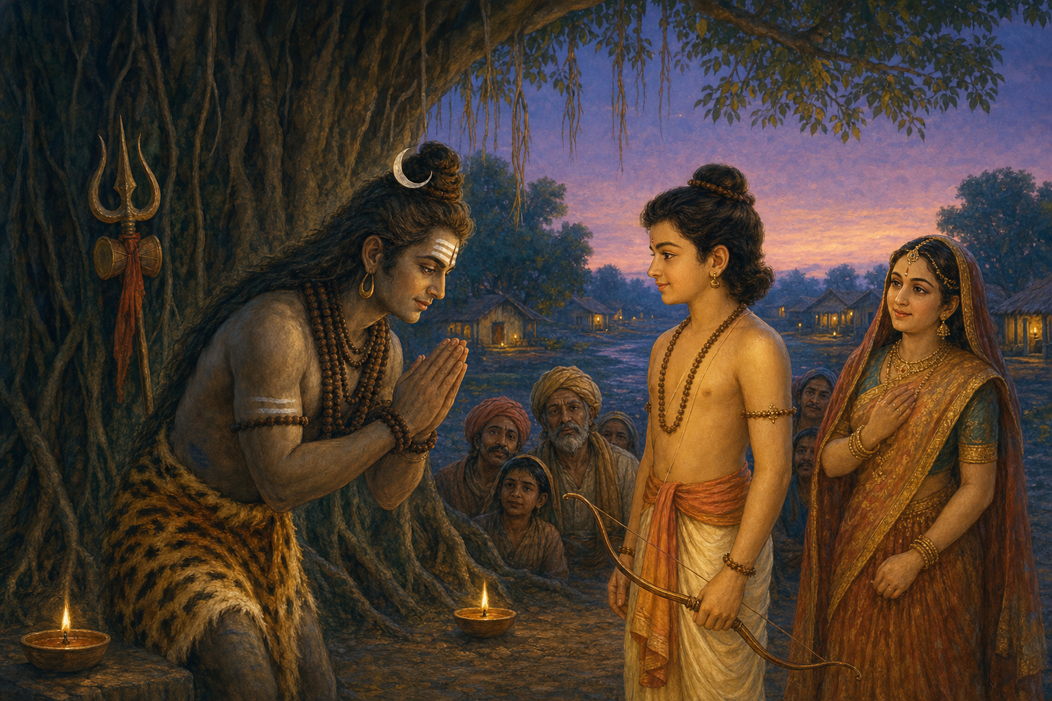 Shiva, shown as a matted-haired ascetic with joined palms, bows toward young Rama beneath a banyan tree while Parvati and villagers watch at twilight.