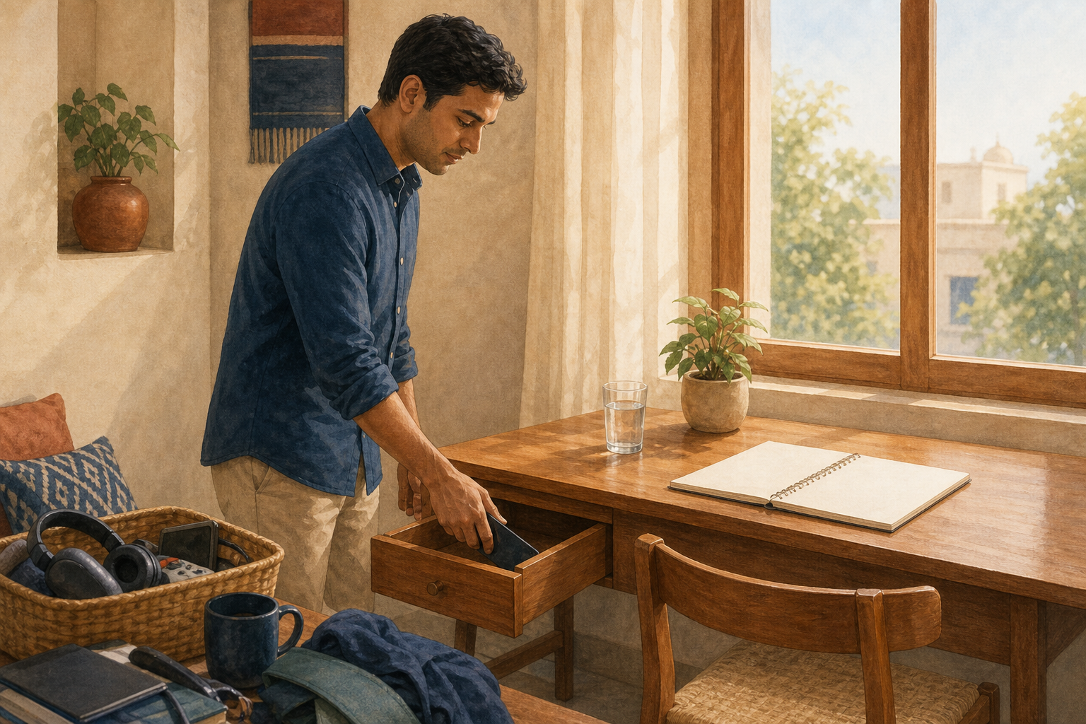 An adult puts a smartphone into a drawer beside an organized desk lit by morning sunlight.