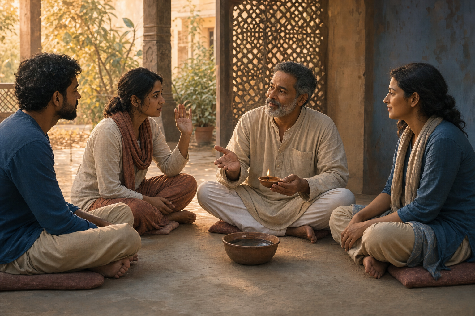 A spiritual guide seated in a circle with three students listens to a question and gestures toward a clay lamp and bowl of water.
