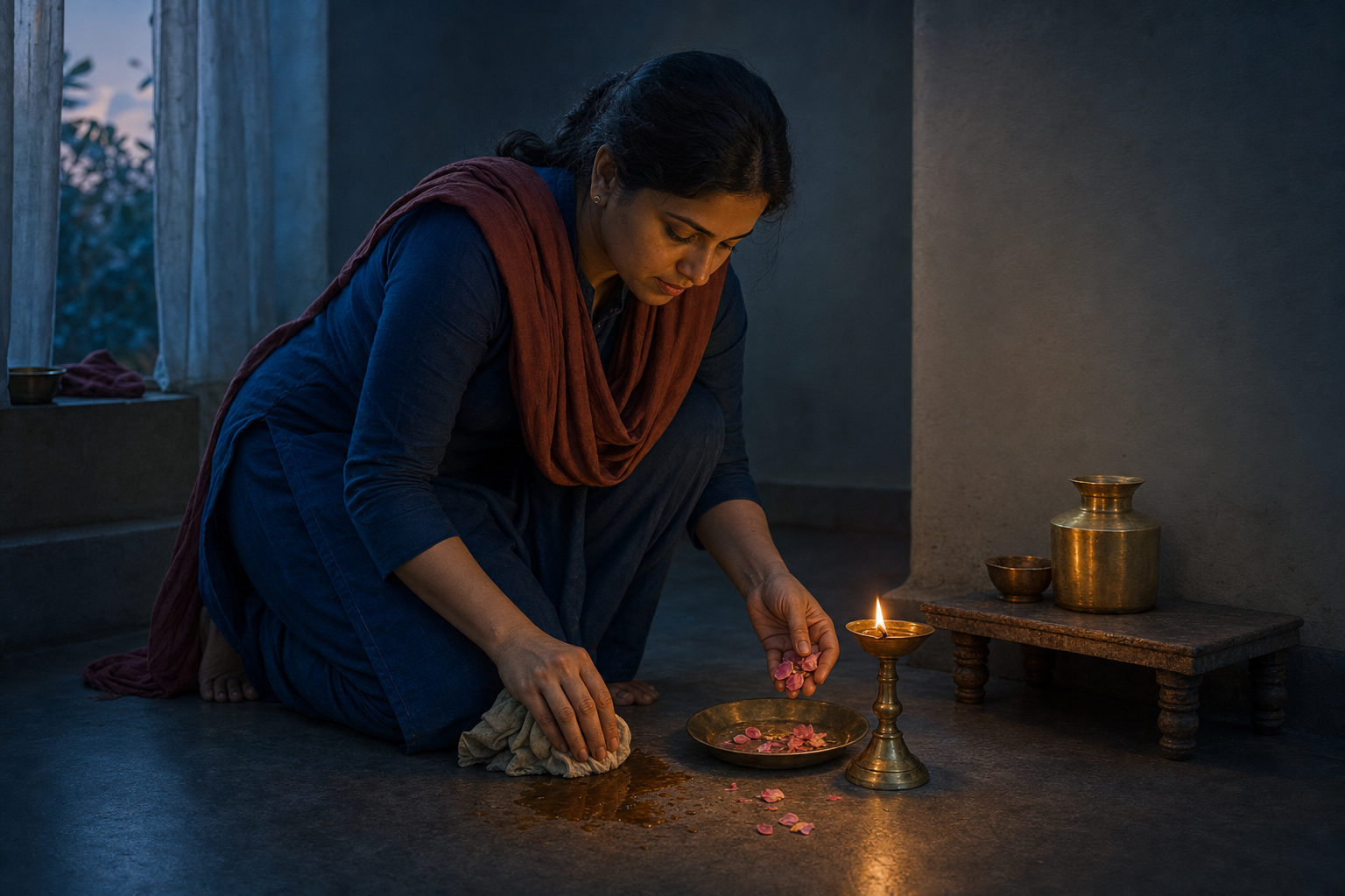 A kneeling adult cleans spilled oil, gathers fallen petals, and relights a small brass lamp.