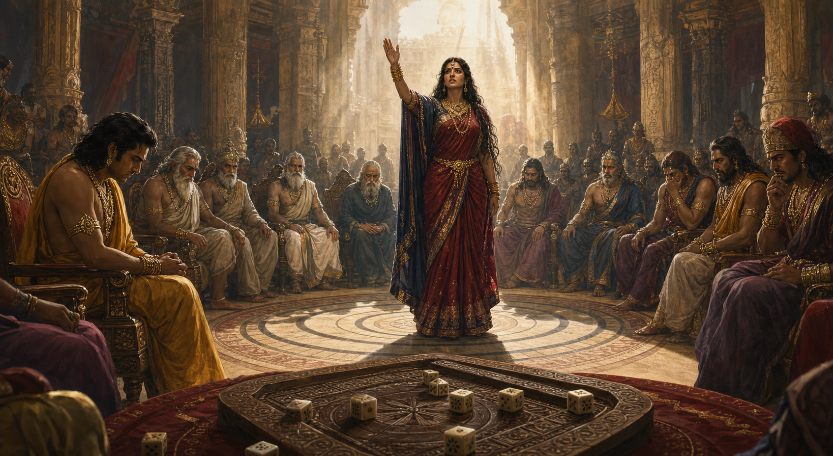 Draupadi stands with one hand raised before a silent royal court as dice lie scattered on a board in the foreground.