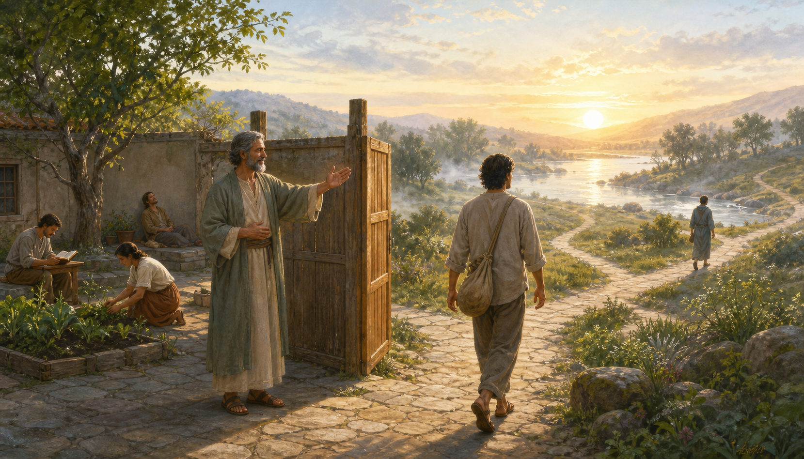 A practitioner walks through an open gate toward a sunrise river landscape while a mentor offers a supportive farewell from the courtyard.