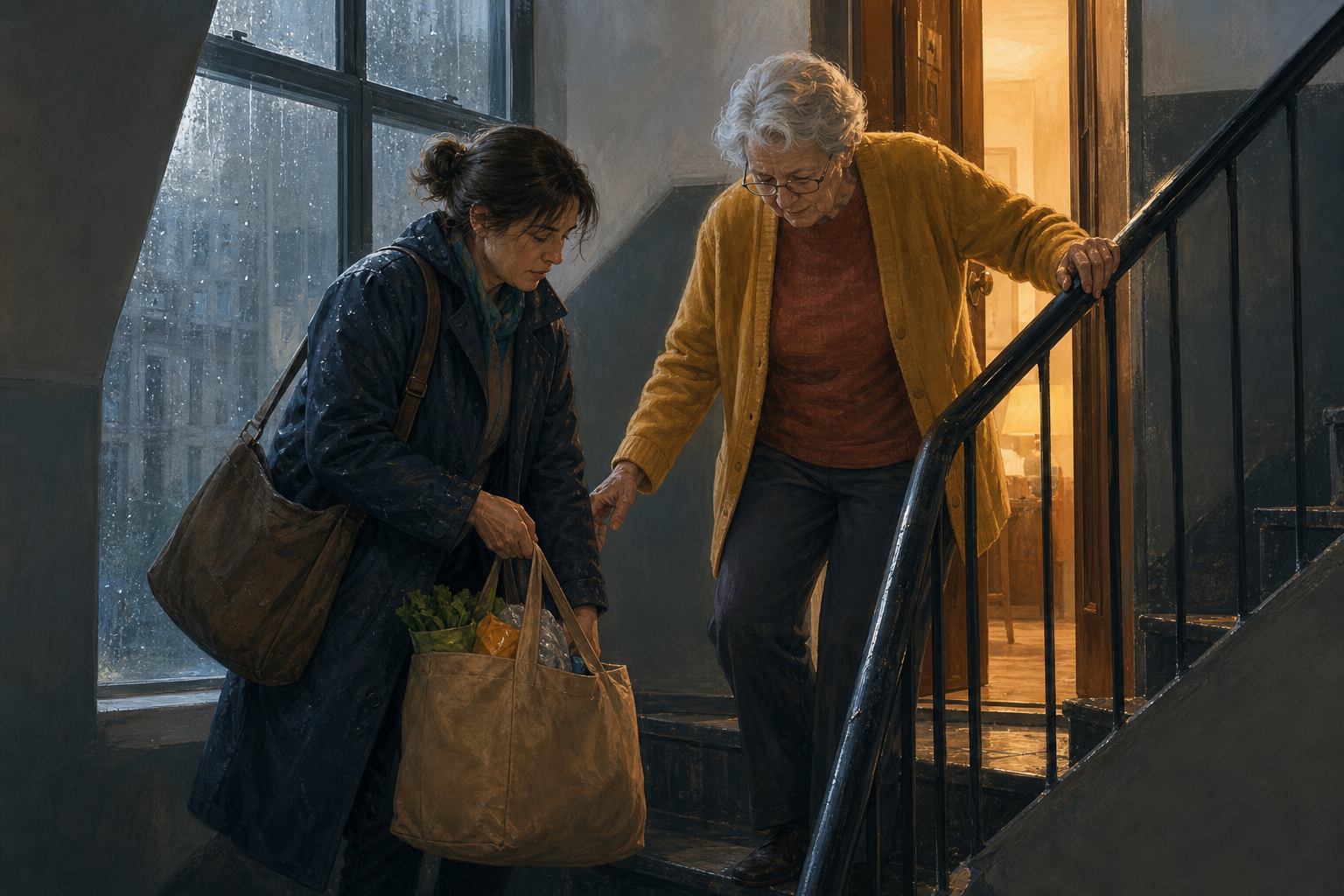 A tired commuter helps an older neighbor carry groceries up a rain-darkened apartment stairway.