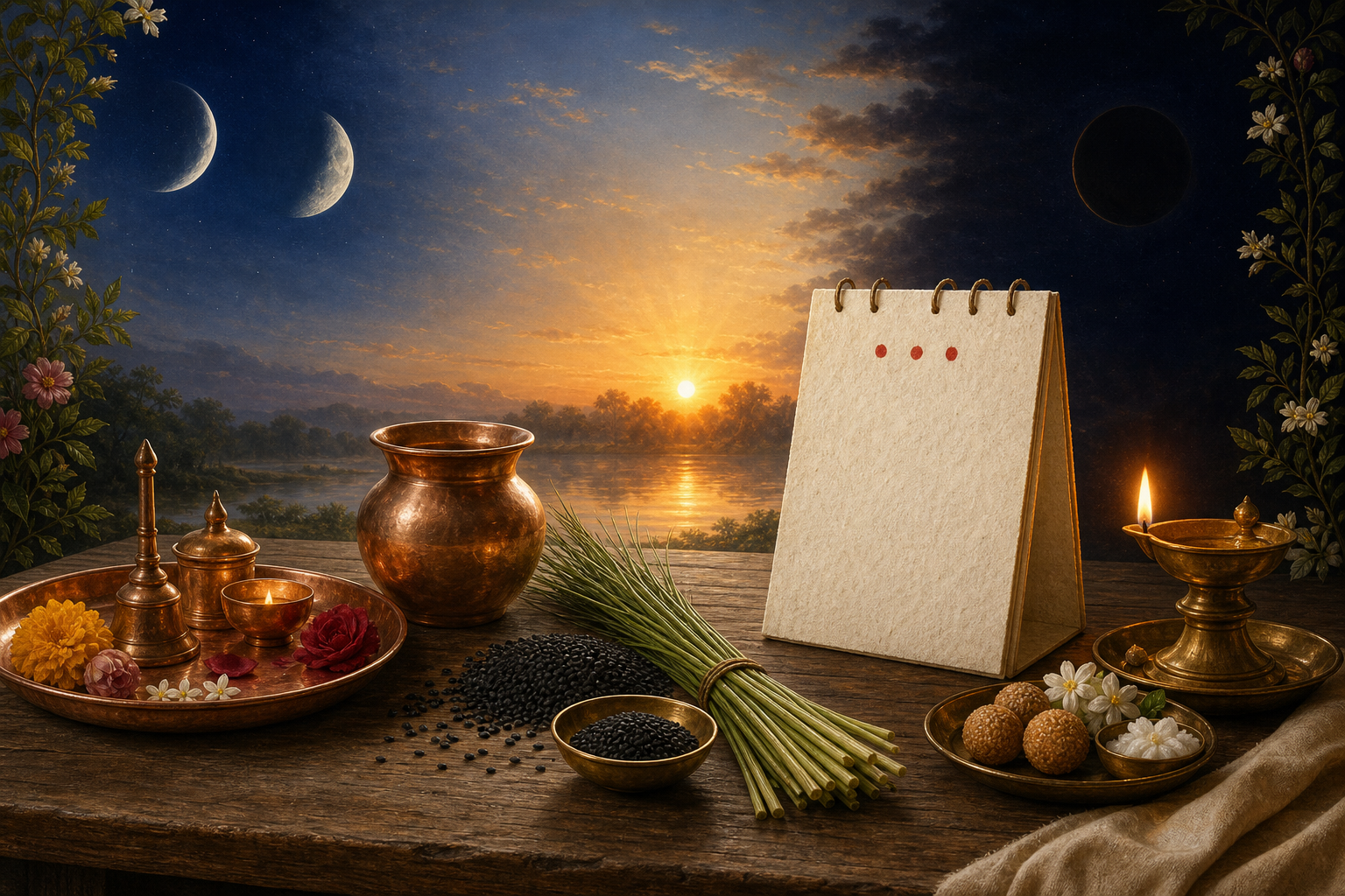 Copper ritual objects, a glowing oil lamp, waning-moon discs, sunrise, and an unmarked calendar arranged as symbols of three January observances.