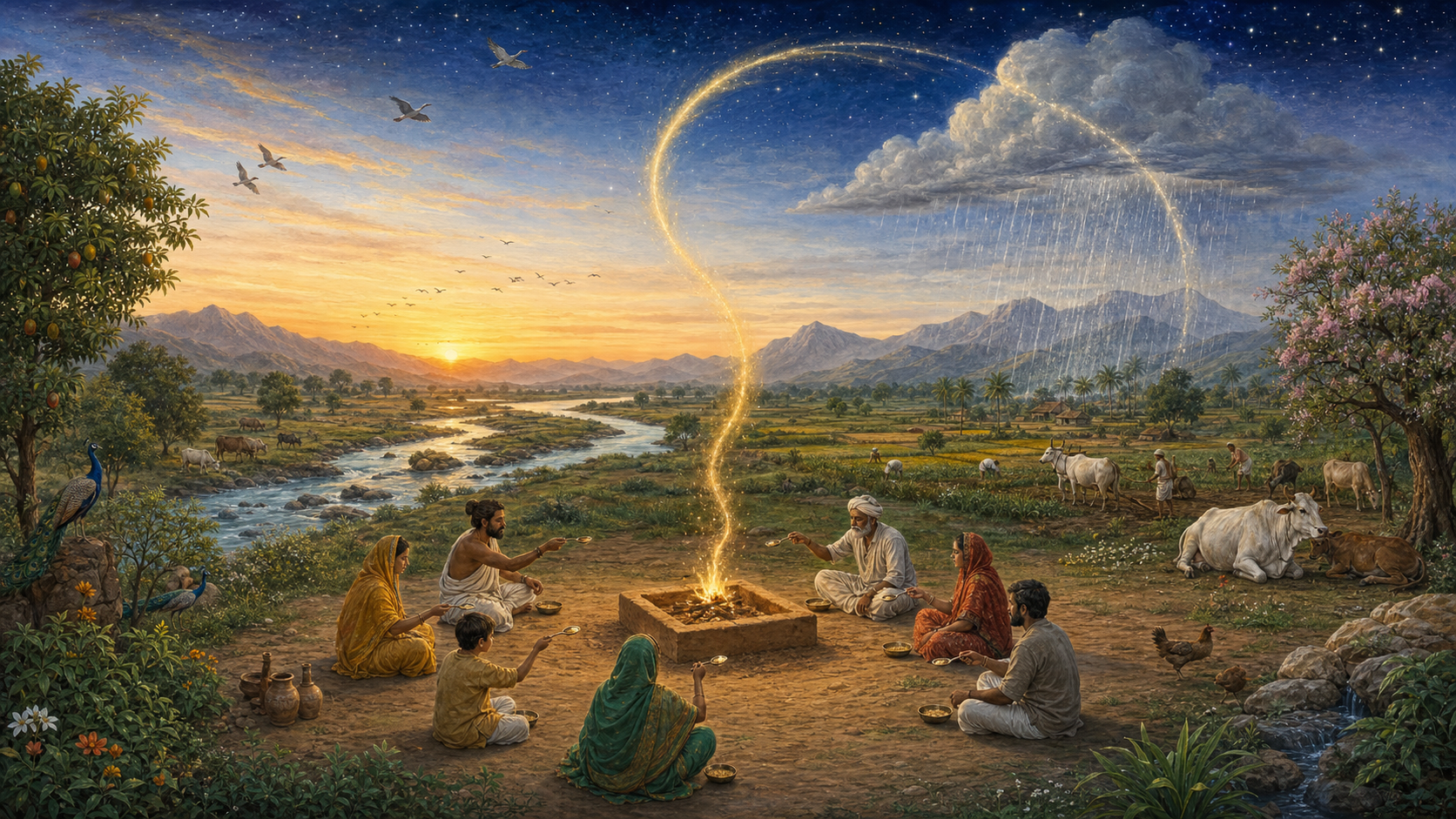 People gather around a small fire altar in a landscape of fields, trees, animals, a river, rain clouds, and stars connected by a curved band of golden light.