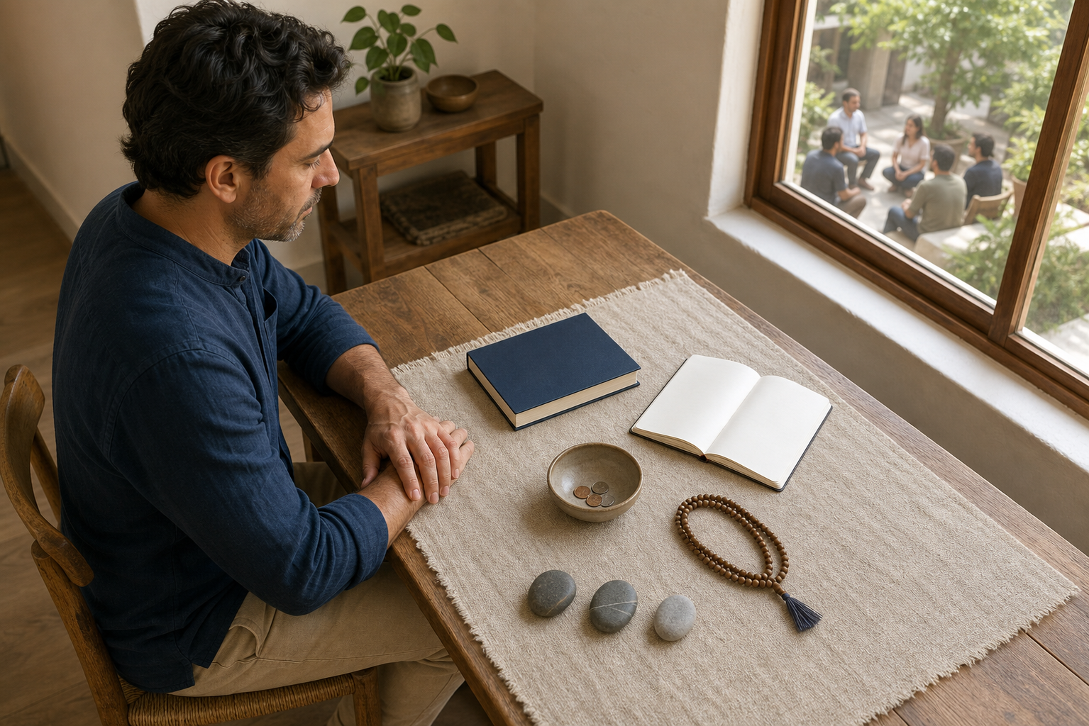 A seeker pauses at a wooden table with an unmarked book, blank notebook, coins, prayer beads, and stones while observing a distant community courtyard.