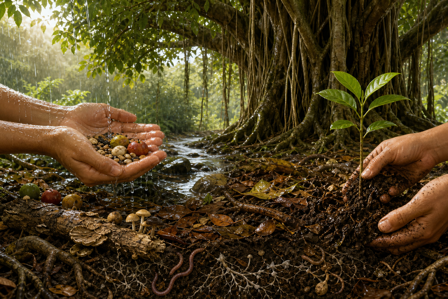 Open hands receive seeds, water, and fruit beneath a large tree while other hands add compost and support a seedling in the surrounding soil.