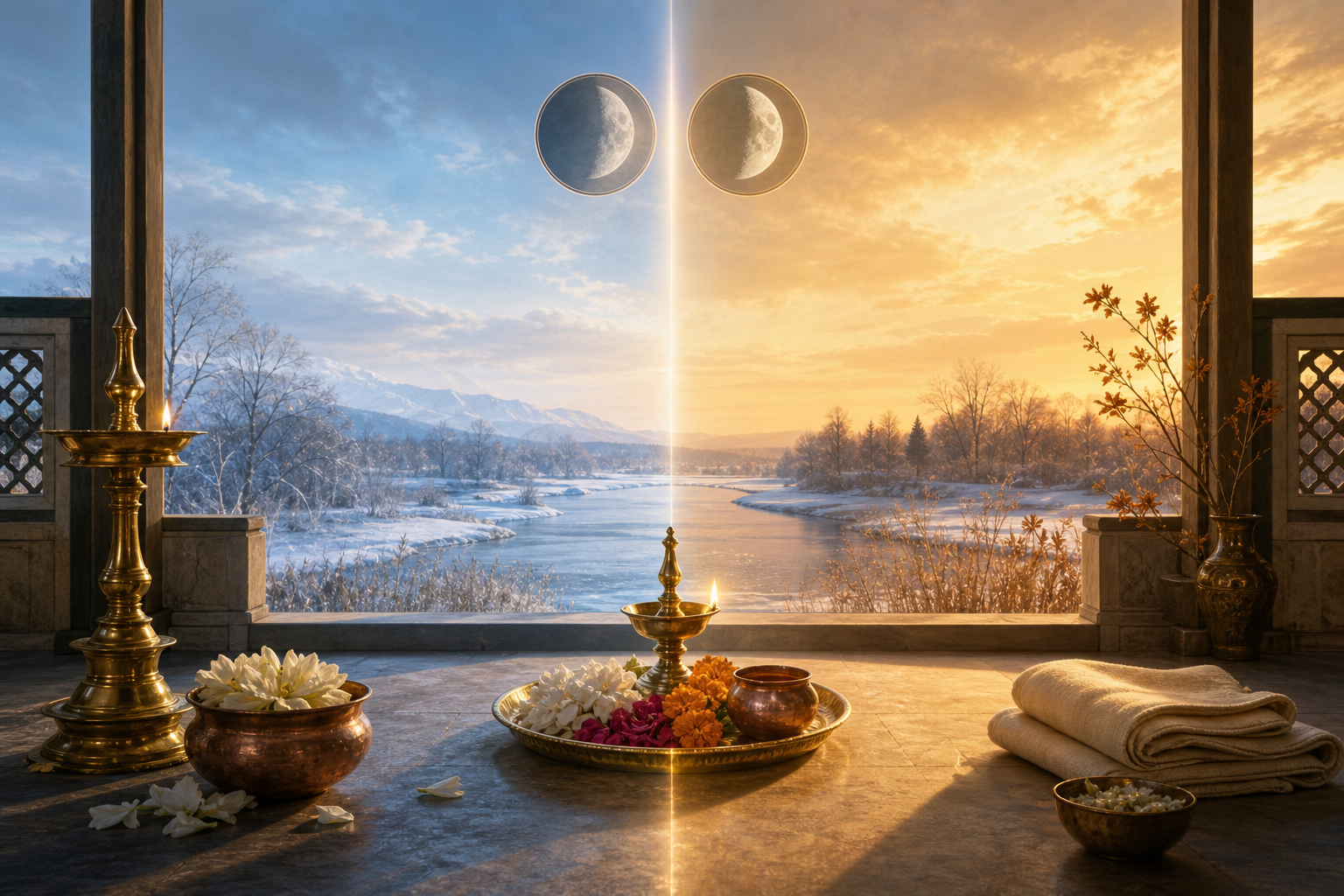 A prayer tray sits where cool morning light meets warm afternoon light beneath two symbolic waning-moon phases.