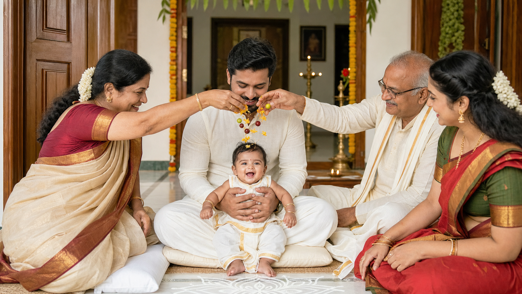 Grandparents shower Indian jujube fruits and flower petals over a baby seated securely on a parent's lap during a Bhogi Pandlu blessing at home.