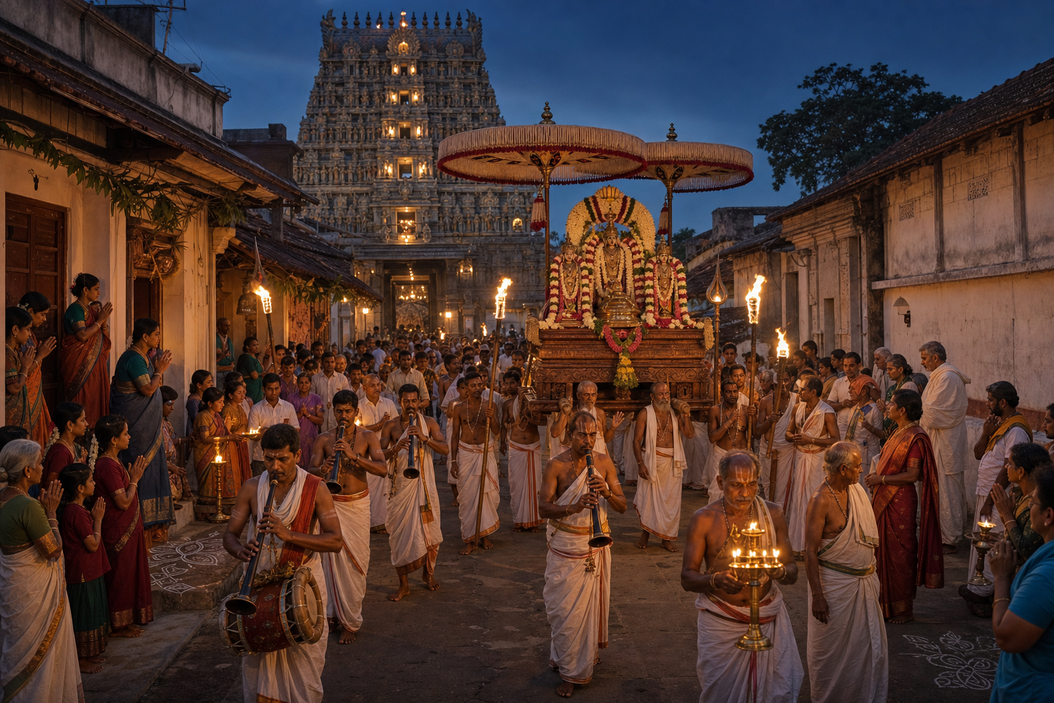 Priests, musicians, and devotees accompany processional icons on a decorated vahana through a South Indian temple street at dusk.
