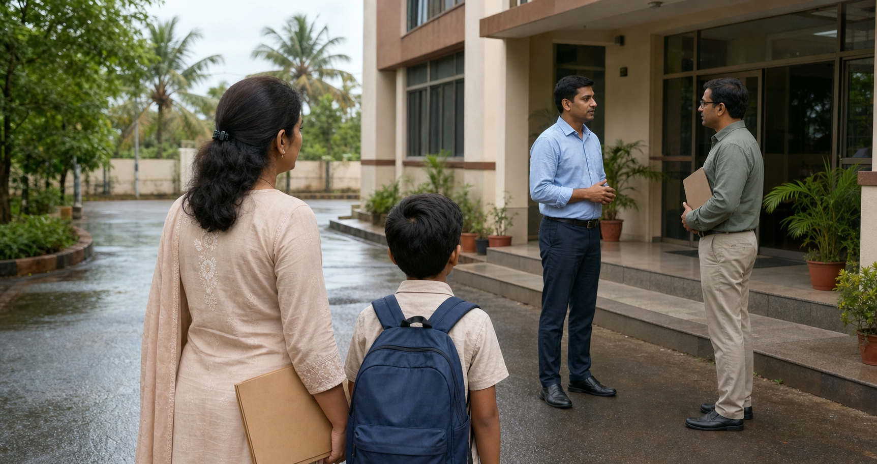 An Indian parent and school-aged child stand outside a generic school while an administrator and civic official speak near the entrance.