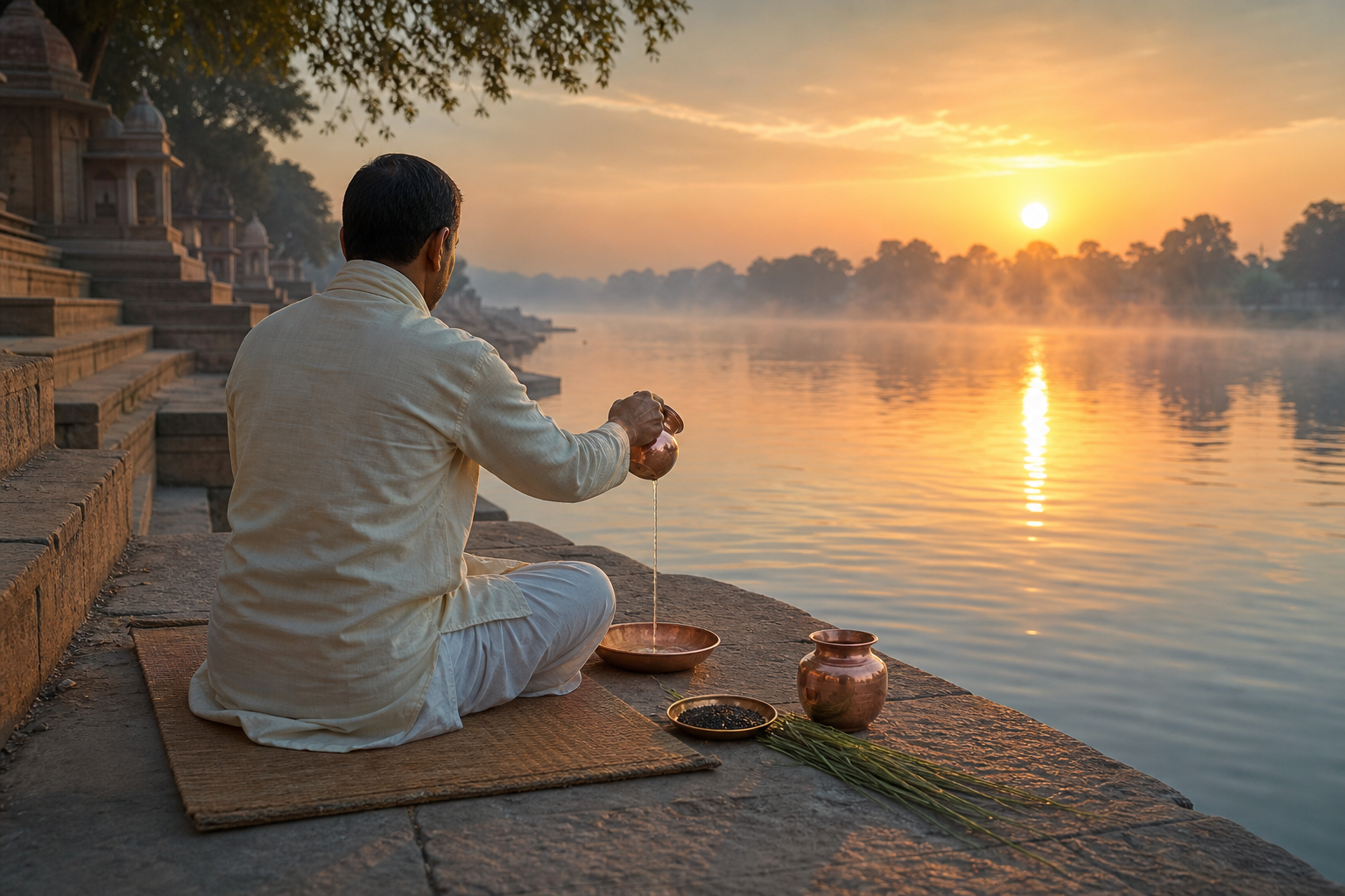 A practitioner pours water from a copper vessel beside darbha grass and black sesame at a misty riverside sunrise.