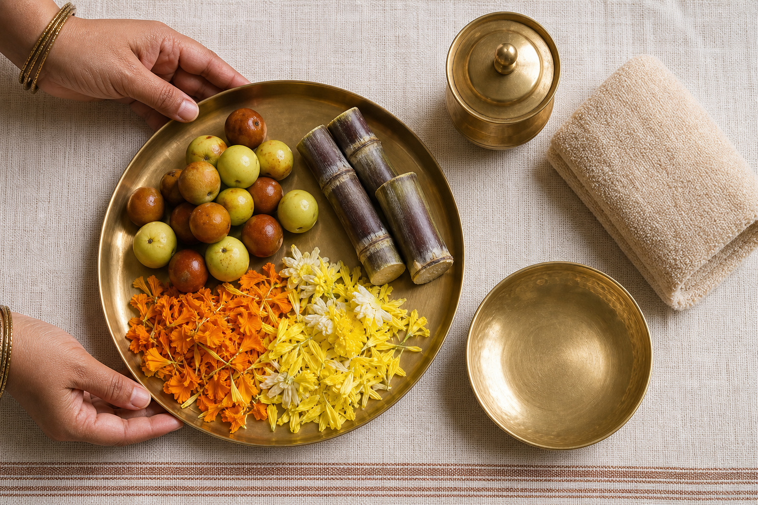 A brass Bhogi Pandlu thali holds Indian jujube fruits and flower petals beside an empty collection bowl, folded towel, and covered water cup.