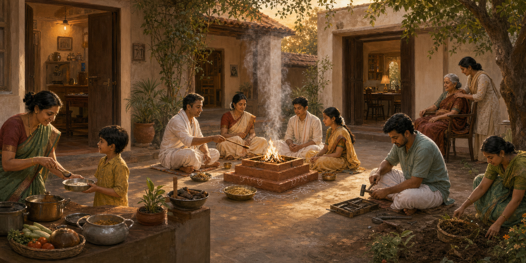 A household tends a small fire offering at the center while nearby people share food, care for an older adult, repair a tool, and compost garden material.
