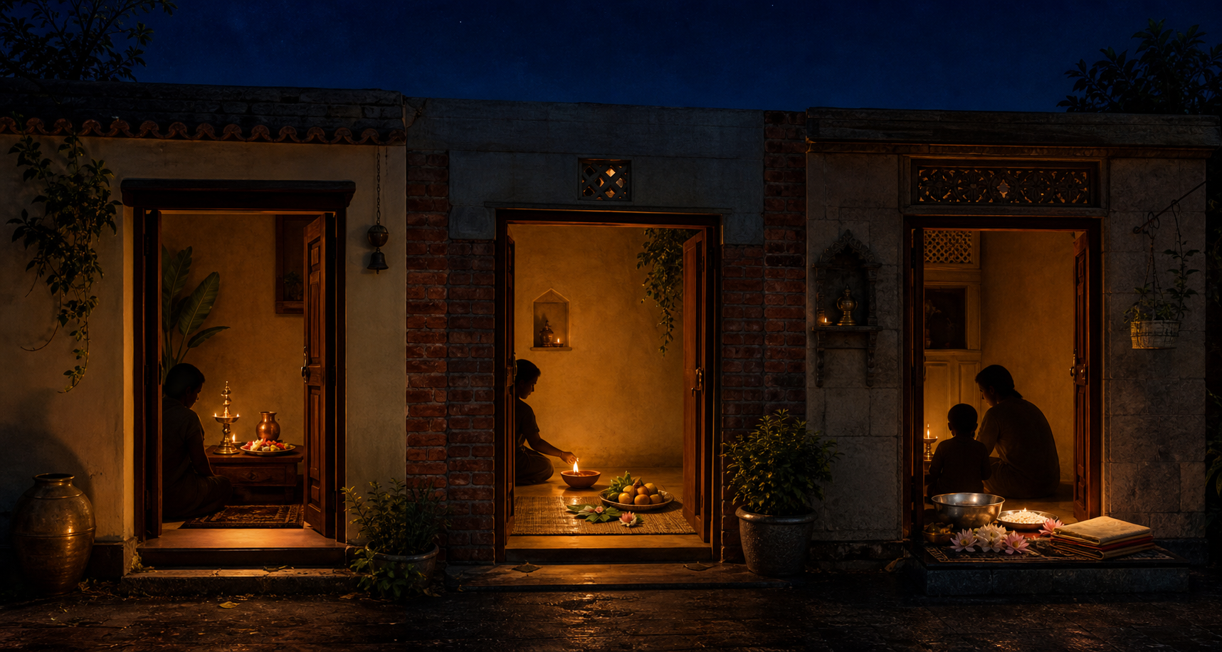 Three neighboring homes display different lamp-lit arrangements of flowers, vessels, fruit, leaves, and grains on a moonless evening.