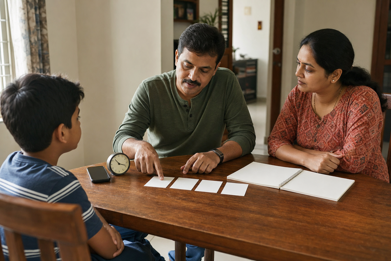 A family calmly organizes a phone, clock, and blank note cards while listening to a child's account at a dining table.