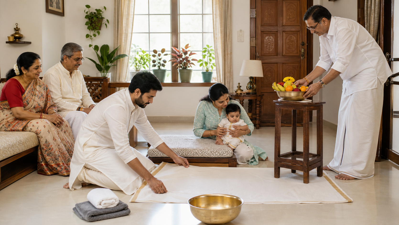 Family members prepare a cushioned, supervised sitting area and keep the Bhogi Pandlu fruit-and-flower bowl out of a child's reach until the blessing.
