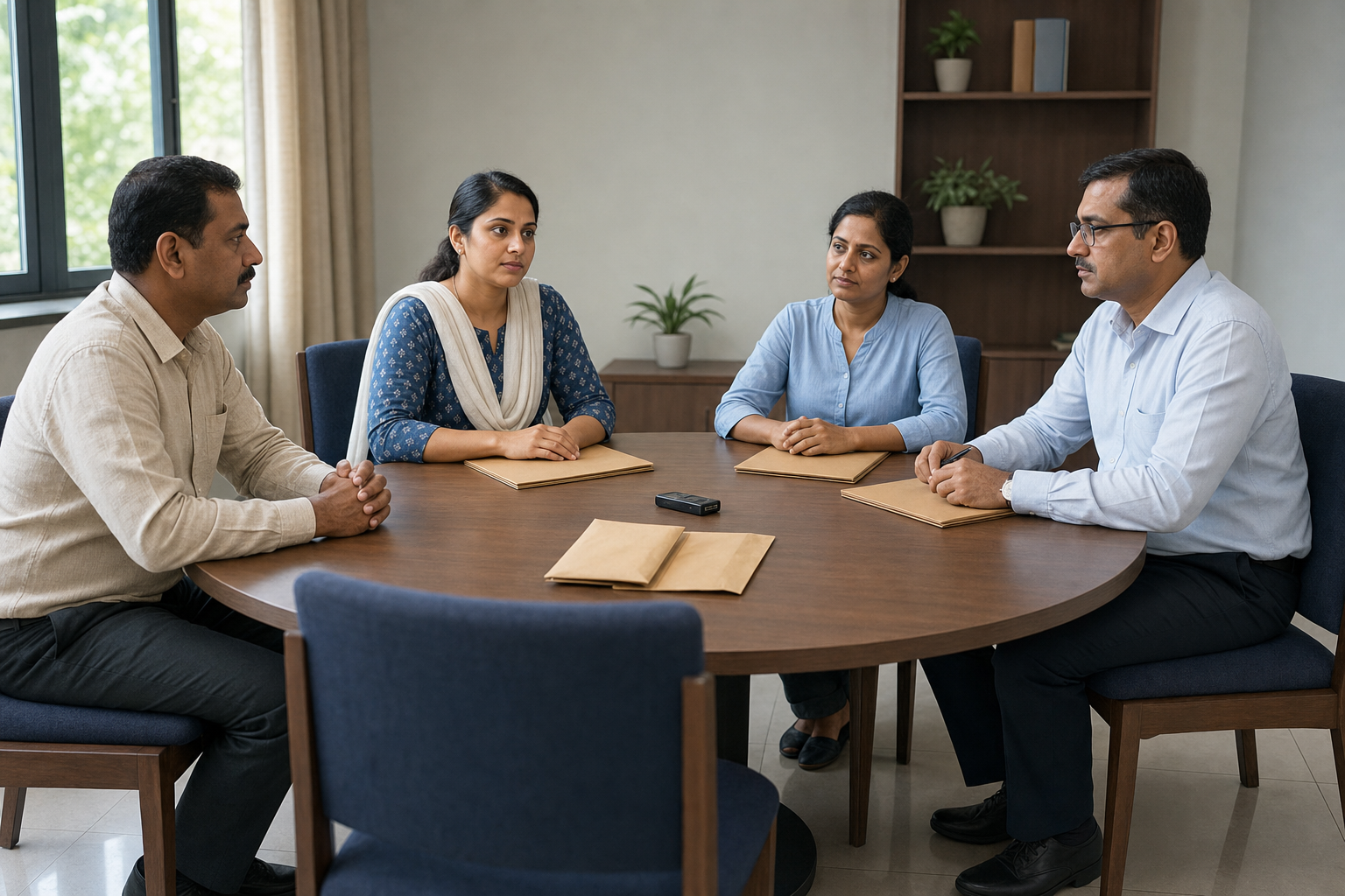 A parent, school representative, child-welfare professional, and investigating official sit around a table in a neutral inquiry meeting.