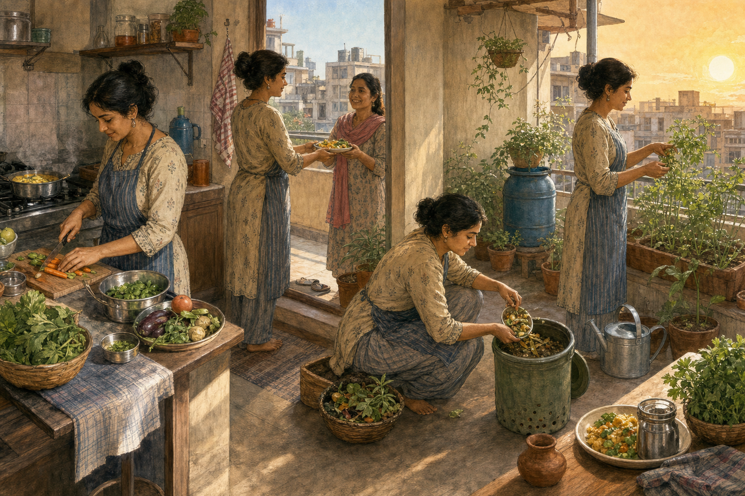 A person prepares vegetables, shares a meal with a neighbor, composts the scraps, feeds the compost to balcony plants, and later harvests herbs for another meal.