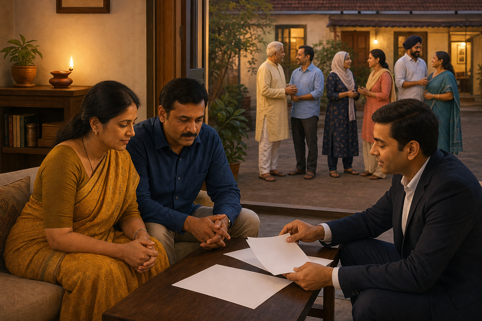 An Indian family consults a legal adviser in a softly lit home while neighbors gather peacefully in the courtyard.