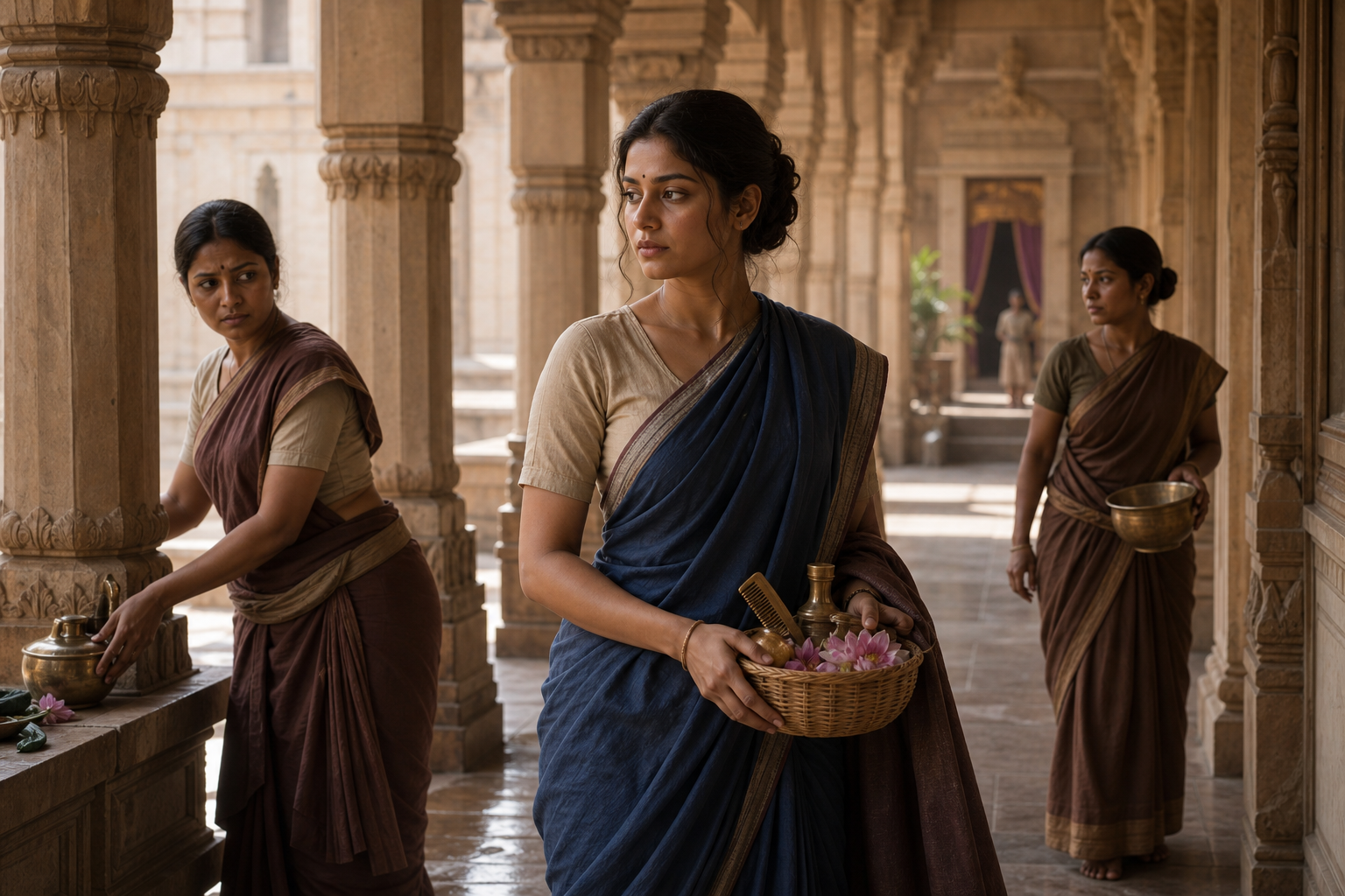 Draupadi carries a basket through a palace corridor in an attendant's plain clothing while other servants glance at her uncertainly.