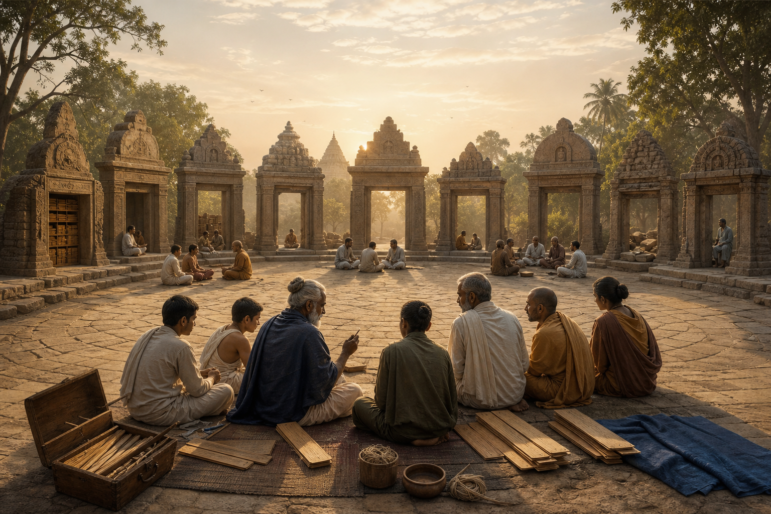 Nine stone gateways surround an ancient learning courtyard where teachers and students sit with uninscribed palm-leaf manuscript materials.