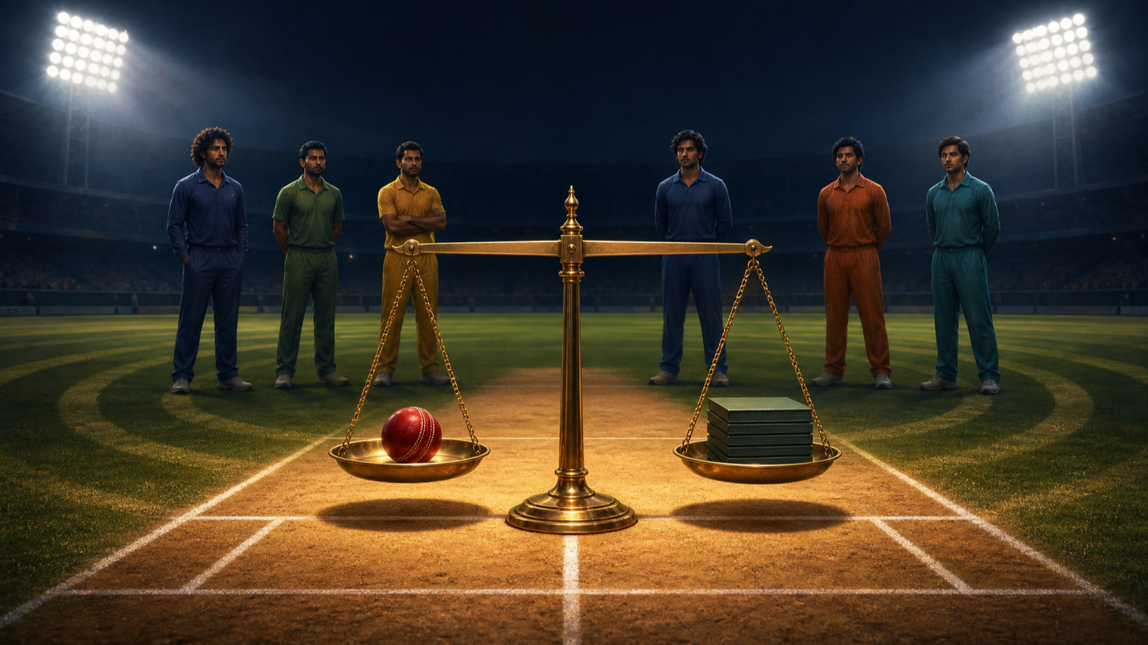 A brass balance on a floodlit cricket pitch holds one cricket ball on one side and several unmarked passport-like booklets on the other, with fictional players waiting in the background.