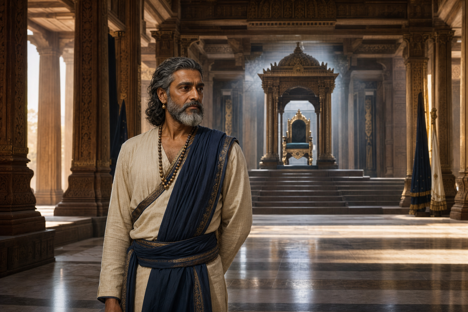Vidura stands without a crown in a grand Kuru court hall while an elevated empty throne appears in the distance.