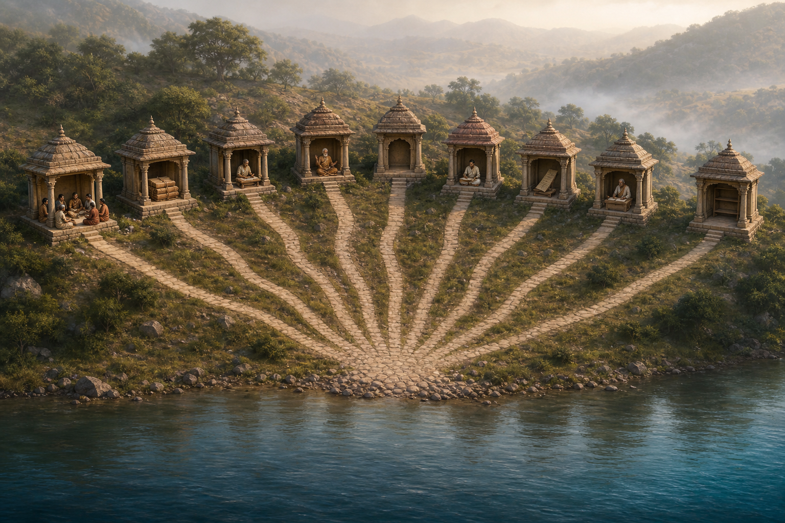 Nine paths from nine hillside study pavilions converge beside one river in an ancient Indian landscape.
