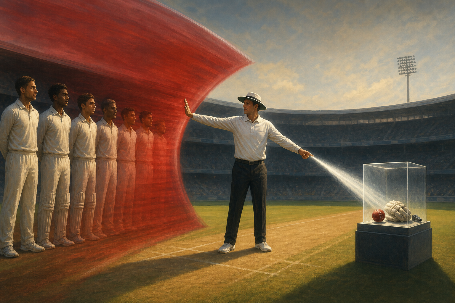 A fictional cricket umpire stops a wide red barrier from reaching a line of players while directing light toward a small box of individual sporting evidence.