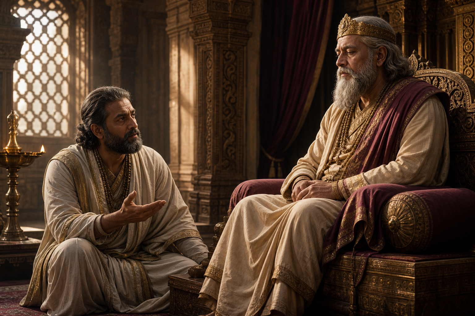 Vidura counsels the blind King Dhritarashtra while seated on a lower seat in a quiet palace chamber.