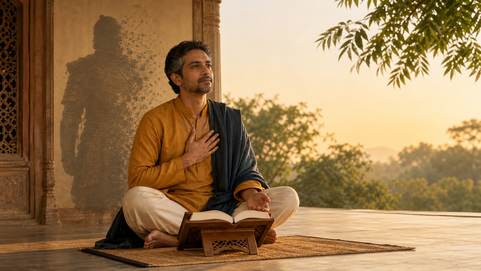 An Indian spiritual student pauses beside an open scripture on a wooden stand as an armor-like shadow dissolves in the dawn light.