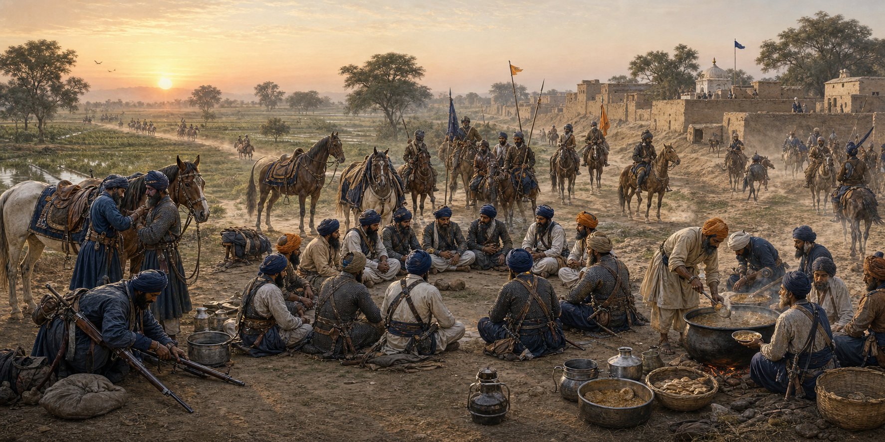 Sikh riders and community members regroup around an open council and communal kitchen in a late eighteenth-century Punjab landscape.