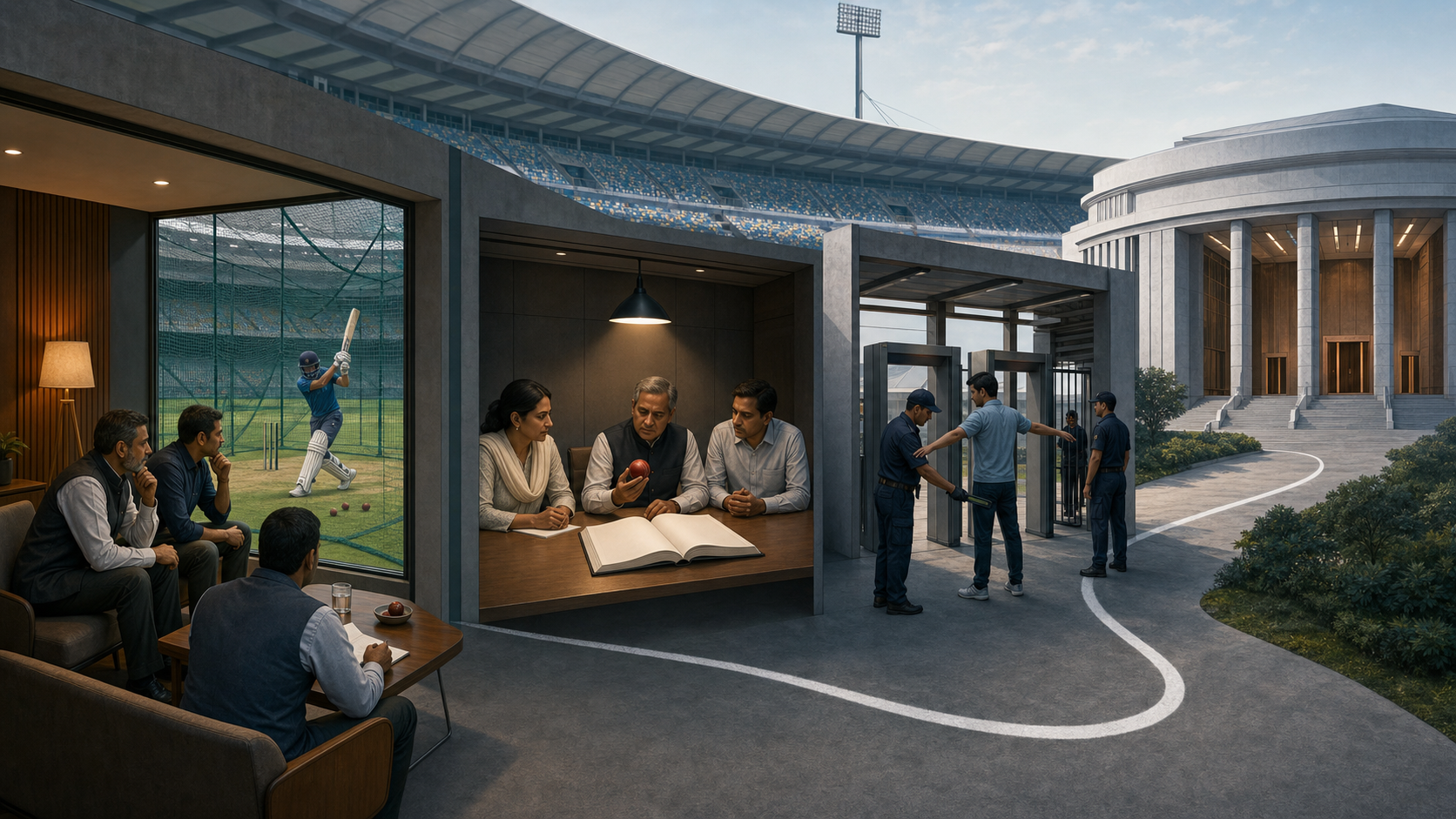 Four connected stadium spaces show player selection, a disciplinary hearing, entrance security, and a separate civic policy chamber.